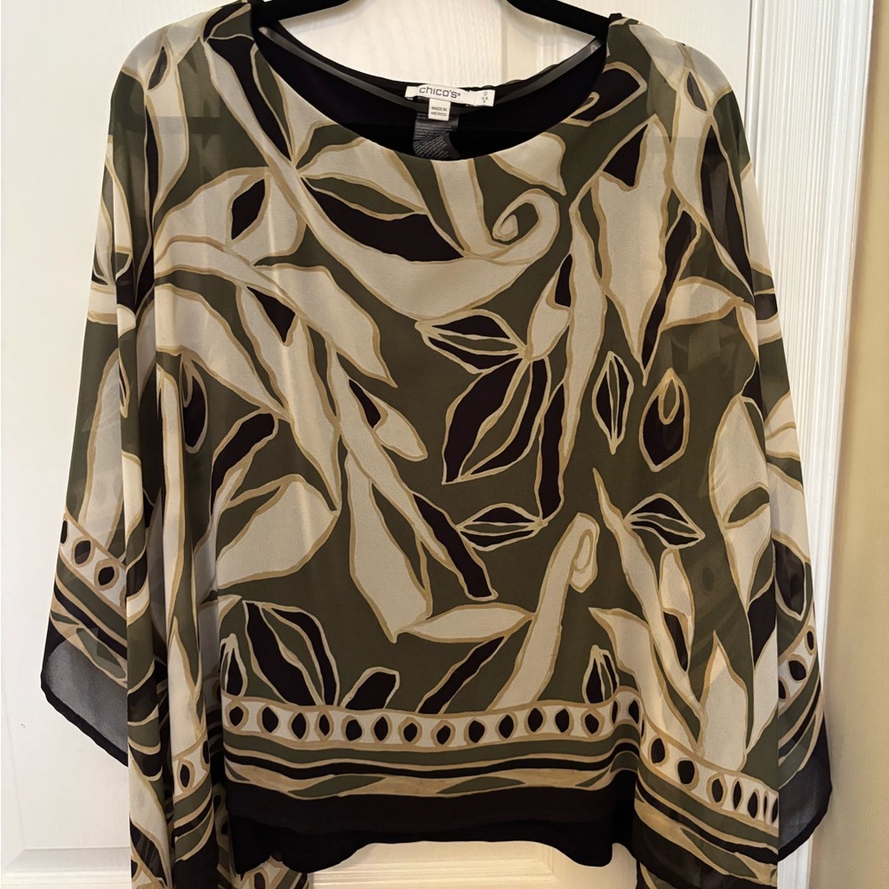 Chico's Black and Olive Leaf Pattern Poncho Style Blouse, Like New